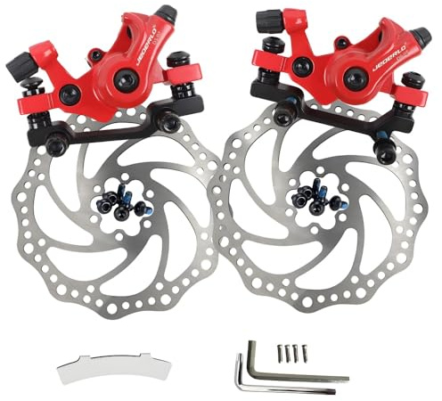 Kit de frein à disque pour vélo, étrier de frein mécanique à disque, frein à disque avant et arrière universel, frein à disque mécanique d'extérieur en aluminium（Rouge avant et arrière + 2 disques）