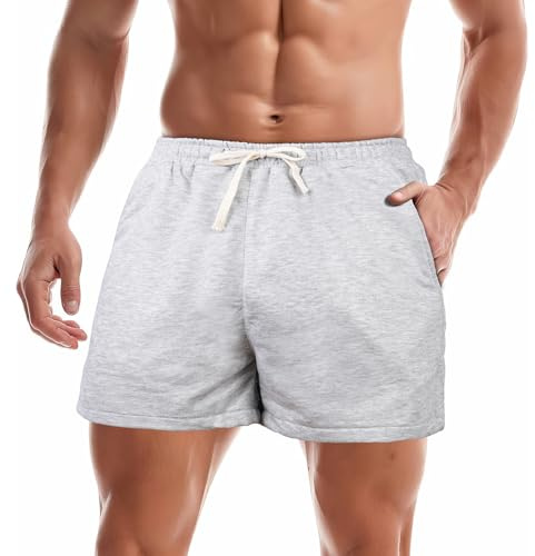 BSBUY Pantalones Cortos para Correr de 3 Pulgadas para Hombre, Pantalones Cortos para Culturismo, Pantalones Cortos Deportivos de Algodón, Pantalon Gym Hombre, M(Gris)