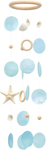 SKOOLOVE Campanelli a Vento con Conchiglie Marine - Campanellini Artigianali in Conchiglie Capiz Verde Acqua con Stelle Marine, Stile Costiero per Decorazione Interni/Esterni, Decorazione da Giardino