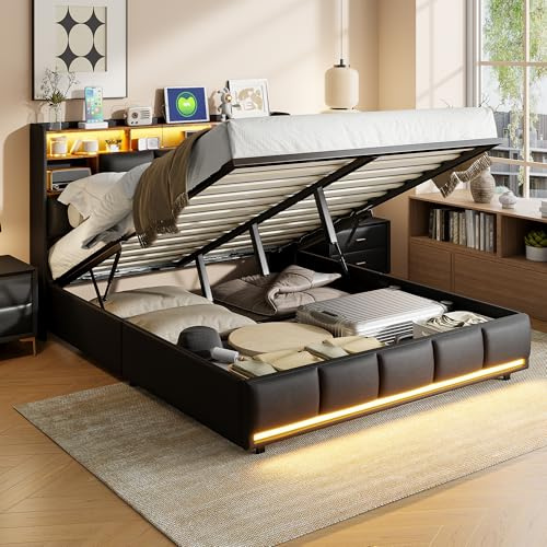 BestAlice Letto baule imbottito 160 x 200 cm, letto matrimoniale con custodia, porta USB e luce LED, letto matrimoniale con rete a doghe con 5 scomparti di stoccaggio, nero