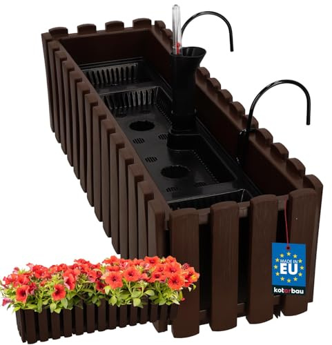 KOTARBAU® Blumenkasten Balkon - Blumentopf Selbstbewässernd - 58x18x16cm - Braun - Kunststoff - Blumentopf Balkongeländer - Bewässerungssystem - Blumenkastenhalterung - Pflanzkübel Groß Außen