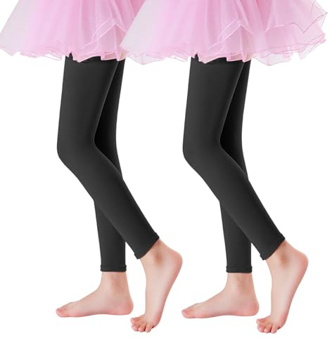 Sahunfri 2 Pack 60D Footless Girls Tights – Microfiber Ballet Tights for Girls, Soft Velvet Footless Leggings, High Stretch Black Dance Pantyhose for Age 5-14 (UK, Alpha, M, Regular, Regular, Black)
