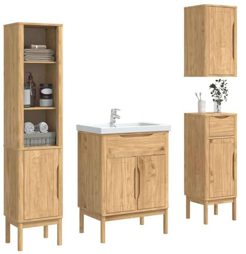 vidaXL Juego de Muebles de baño con cajón Floro 4 pcs Marrón Cera, Juego de Almacenamiento para Baño, Organizador Moderno, Estantería Resistente, Diseño Rectangular para Hogar e Interior