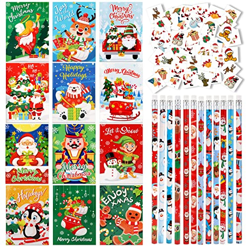HOWAF Mini Quaderni di Natale Piccolo Taccuino Tascabile e Matita in Legno con Gomma, Tatuaggi per Bambini Regalo Festa di Compleanno Gadget Bomboniere Premi Scolastici