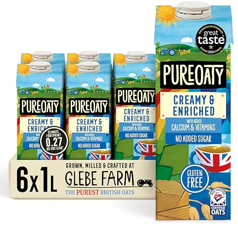 Glebe Farm PureOaty Creamy & Enriched - Barista Style Gluten Free Dairy Free & Vegan Coffee Creamer, High Protein with Calcium & Vitamin B12, 6 x 1 Litre