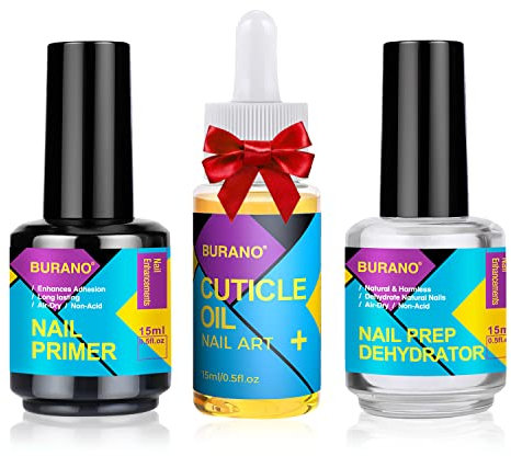 BURANO Dehydrator und Primer für gelnägel Nagelhautöl Geschenk 15ml, Langanhaltender Acrylic Acid Free Nail Prep Natural Dehydrate Bond gelnägel Set natürliche 0.5 oz 15ML