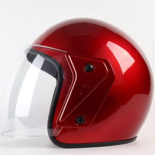 Vintage Motorrad 3/4 Jethelm für Männer Frauen Bunter Jet-Halbhelm mit Sonnenblende DOT/ECE-zugelassener Helm für Moped Street Bike,Rot,One Size