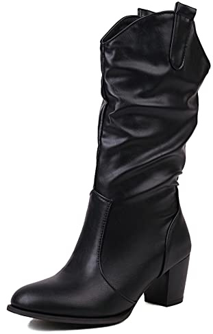 Botas Mujer Tacón Ancho A Media Pantorrilla, Botas de Vestir Casual Sin Cordones Zapatos Largas Tacón Medio Puntiagudo 298 Negro Talla 34 EU