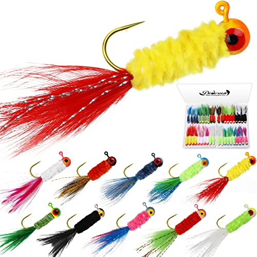 Dovesun Crappie Jigs with Feather Marabou 40pcs Ice & Fly Fishing Lures 10 Colors 1/16oz Panfish Sunfish Walleye