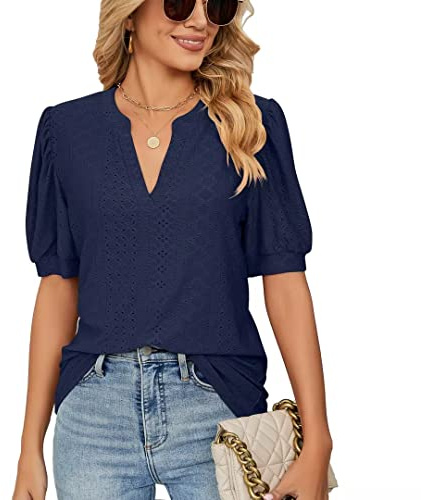 LIAOPUFUS Chaqueta Casual de Cuello V de Manga Corta en Verano para Mujeres Diseño de Malla Hueca de Color Sólido Camisa de Camiseta Suelta con Mangas de Burbuja