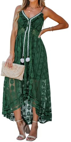 CUPSHE Robe d'été pour Femme Boho Maxi à Lacets avec Pompon col en V évasé à Volants Robes de Plage Vert Clair XL