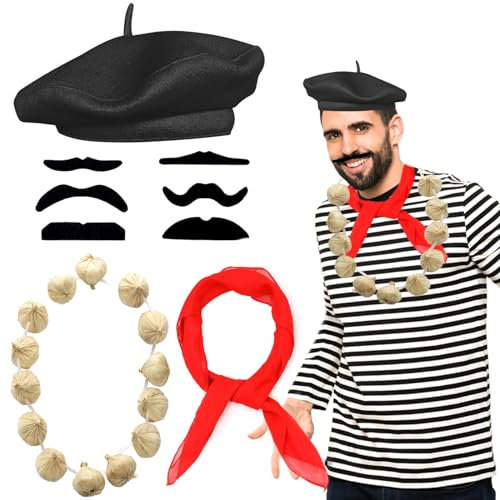 Beamely Französisches Herren-Set, Herren-Kostüm, Zubehör-Set, französischer Künstler, Mime-Kit mit roter Baskenmütze, Schnurrbart, Schal, Knoblauch-Halskette für Cosplay, Partyzubehör, Schule,