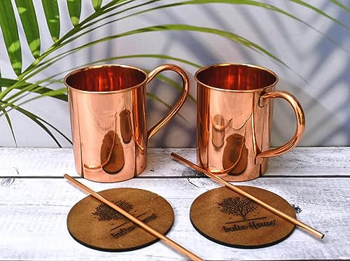 India House - Juego de copas Moscow Mule, 16 oz, juego de copas de cóctel, 100% cobre, vasos de cobre, regalo para fiestas (juego de 2 tazas de acabado liso de cobre puro (2 coaster, 2 pajas)