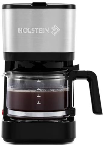 Holstein Housewares 5 Cup Coffee Maker – Compact Drip Coffee Machine with Auto Pause & Serve, Reusable Filter, Glass Carafe, Water Window & Warming Plate, Black