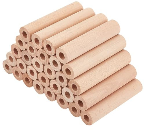 OLYCRAFT 30 Stück 10x2cm Hohle Holzstäbe Runde Holzdübelstangen Mit 1cm Löchern Unlackierte Buchenholzstäbe Naturholz Rundstäbe Für DIY Kunsthandwerk Kunstprojekte