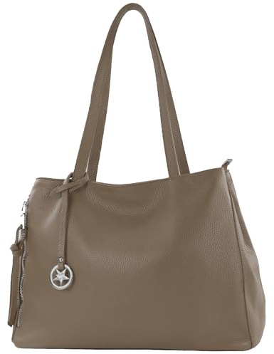 modamoda de T205 Damen Leder Schultertasche Shopper Henkeltasche handmade in Italy, Farbe:Dunkeltaupe