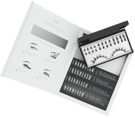 Nanolash DIY Eyelash Extensions Starter Kit - cluster lashes with bonder, sealer, remover, apllicator, home lash extensions kit (Black, FLIRTY)