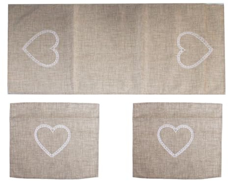 Russo Tessuti Tris Centri Cuore Ricamato Stampato Centrini Runner Shabby Arredo Home Bonheur-Beige