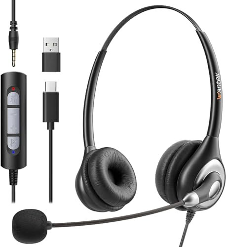 Wantek Auriculares USB Con Micrófono Para PC, Cable USB C de 3,5 mm, Cancelación de Ruido, Para Ordenador Portátil Con Tipo C, Control