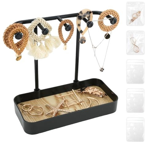 Jewellery Stand with 5 jewelry bags, Multifunctional Necklace Stand with 5 Hooks, Earring Holder Jewellery Organiser Stand with Tray for Bracelet, Watch, Rings, Gifts for Girl Women (Black)