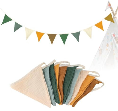 Bandierina per Cameretta dei Bambini,2.6M Ghirlanda per la Cameretta dei Bambini,Catena Gagliardetto Tessuto in Cotone Mussola per Ragazze e Ragazzi,Decorazione da Parete (Morandi Verde)