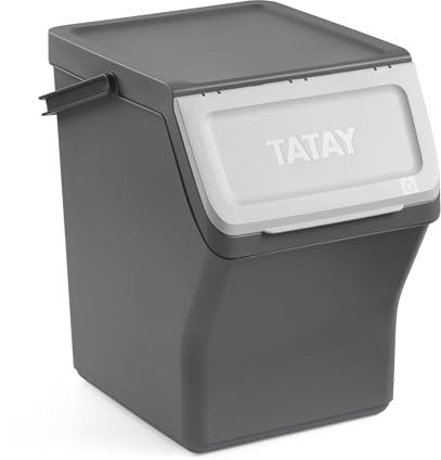 TATAY Contenitore Differenziata Easy Waste 20L | Design Modulabile e Impilabile | Coperchio con Sistema Click | Manico Integrato per il Trasporto | Materiale Riciclato | 35x27x36cm, Grigio
