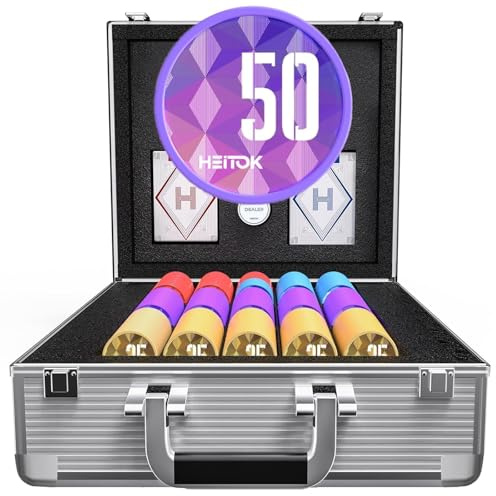 HEITOK Mallette de Poker 600 Jetons Numérotés 11,5g avec Noyau Métal - Set Complet Texas Hold'em Professionnel, Valise Aluminium Renforcée, 2 Jeux de Cartes et Bouton Dealer pour Soirées Adultes