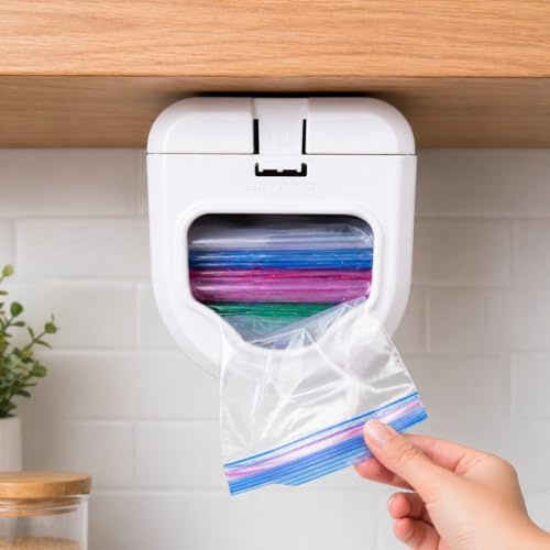 ELYPRO Dispensador de bolsas Ziplock para bolsas de cuarto de galón, sándwich y aperitivos, montaje debajo del gabinete o estante, fácil dispensación de bolsas de acceso frontal, solución de