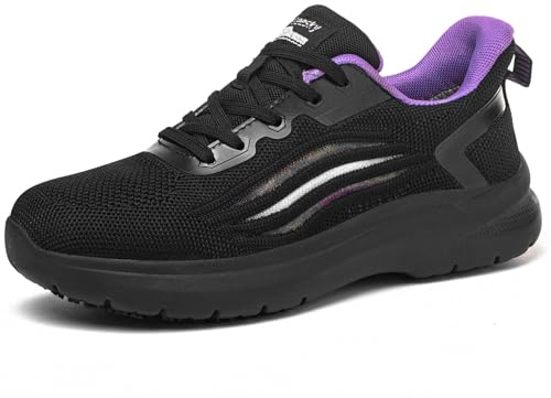 Treesky Non Slip Work Shoes for Women in Food Service - Slip Resistant, Comfortable & Lightweight Sneakers, Suitable for Restaurant, Kitchen & Nursing Crews (Black & Purple, Size 8.5)