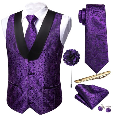 Barry.Wang Mens Vest Set Paisley Silk U-neck Shawl Waistcoat Tie Set 6PC Tuxedo Wedding for Men Dress Suit Vest S-3XL