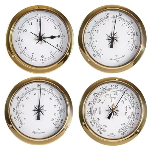 HHFLRAWA Barometer Thermometer Hygrometer Clock Set, 4 Piece Set Analog Weather Station, Barometric Pressure Gauge for Home, Indoor and Outdoor Use, for Home Wall Fishing Boat Baby Room Office