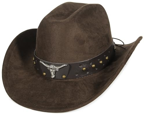 GEMVIE Western Cowboy Hat for Men Women Suede Cowgirl Hats Adjustable Fedora Cowboy Outdoor Hat with Shapeable Brim Coffee Brown-2