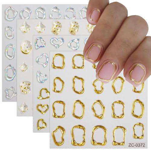 JMEOWIO 3D Géométrique Irrégulier Doré Stickers Ongles Nail Art, 6 Feuilles Autocollants Ongles Autoadhésif 5D Deco Ongle Nail Art Design Manucure