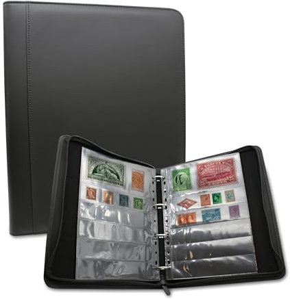 DOJA Barcelona Postage Stamp Album-PU Leather Stamp Book for Collectors with Zipper and Ring Binder, 16 Double-Sided Sheets and Multiple Size Pockets for Stamp Collecting, Different Pocket Dimensions