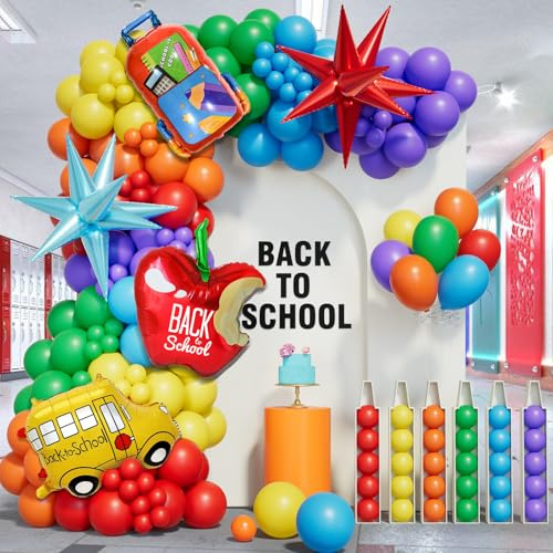 Back to School Balloon Garland Arch Kit,Explosion Star Apple School Bus Bag Foil Balloon with Rainbow Balloons for First Day of School Kindergarten Graduation Party Supplies