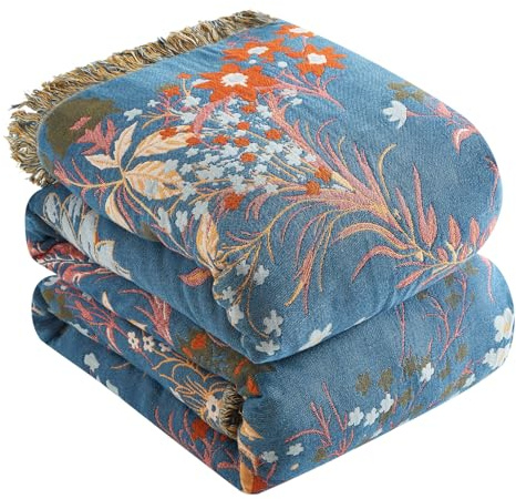 Bailix Coperta in 100% cotone con frange, double-face, stile bohémien, 230 x 250 cm, coperta da divano e letto, patchwork, per soggiorno, colore: blu/beige