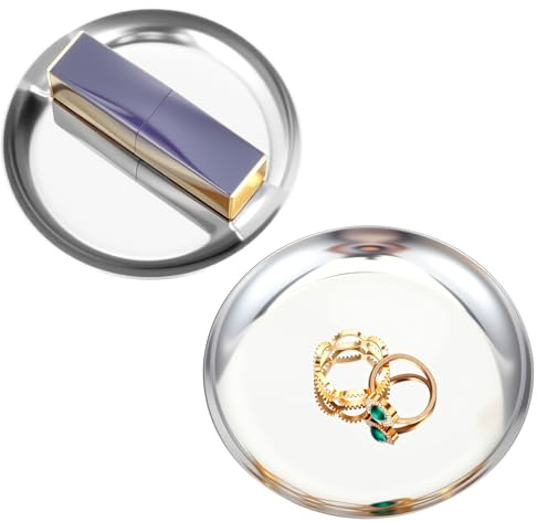 2 Pcs Silver Tray, 4 Inch Stainless Steel Round Serving Tray Circle Jewelry Trays Decorative Coffee Table Trays Display Serving Platter Candle Plate for Bathroom, Candle, Perfume, Countertop