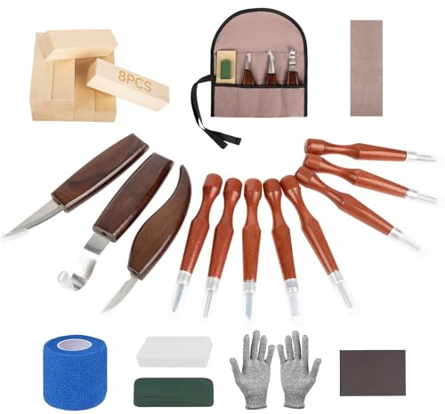 30PCS Wood Carving Kit Woodworking Chisel,BritPick Wood Kit for Beginners, Includes 8PCS Basswood Carving Blocks and 6PCS Whittling, Gloves, Roll Bag, Sharpener