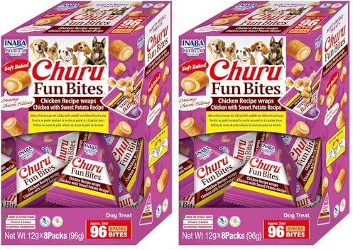INABA Churu Fun Bites Perros - Receta de Pollo y Boniato – Comida Suave y Deliciosa - Ideal para Adiestramiento - Snack Sin Conservantes Ni Colorantes - Sin Cereales - 96g (8 x 12g) (Paquete de 2)