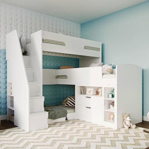 Flair Furnishings - Triple Bunk Beds for Kids, Staircase Bunk Bed with Storage, Heavy Duty and Sturdy, Cosy, Stylish, Space Saving Design (White)
