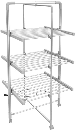 Todeco - Elektrischer Wäscheständer, Klappbare Wäscheleine für Drinnen - Klappmaß: 143 x 72 x 9 cm - Material: Aluminiumlegierung - 3 Ablagen, Weiß, with Wheels