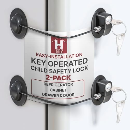 HavenHause Child Safety Lock for Refrigerator, Cabinet, Drawer & Door – Baby Proofing – Easy Installation with Strong Adhesive and Heavy-Duty Steel Cable for Home, School– Key Operated (Pack of 2)