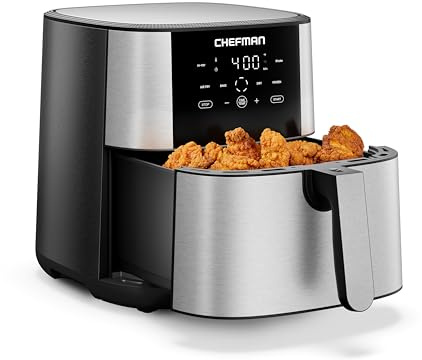 Chefman Air Fryer 8 Qt | TurboFry® 4-in-1 with 450°F Hi-Fry Option for Crispier Results | Bake, Dehydrate, Frozen | XL Nonstick Dishwasher-Safe Basket | Stainless Steel