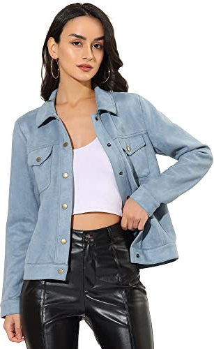 Allegra K Damen Umlegekragen Pattentaschen Druckknopf Faux Wildleder Jacke, Hell, blau, S