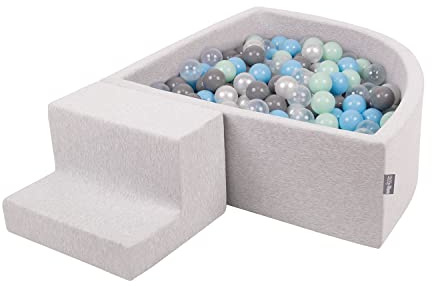 KiddyMoon Area di Gioco in Schiuma con Quarto Angolare Piscina di Palline (200 Palline) per Bambini, Grigioch:Perla/Grigio/Trasparente/Azzurro/Menta