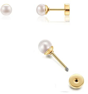 6mm Pearl Stud Earrings Flat Screw Back,14K Gold Pearl Cartilage Helix Earrings Hypoallergenic 316L Surgical Steel Piercing Jewelry Gift for Girls Women Toddlers(6mm Pearl, Gold)