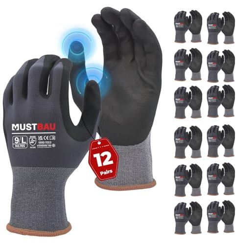 Mustbau 12 Pares de Guantes de Trabajo con Pantalla Táctil, Guantes de Nitrilo Resistentes a la Abrasión, Excelente Agarre Adecuados para Jardinería, Mecánica, Construcción (Gris,L)