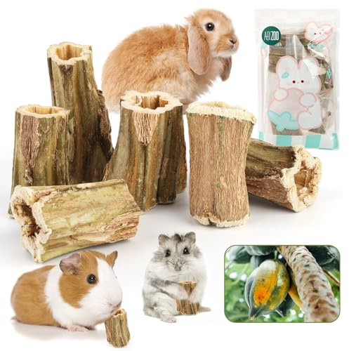 Abizoo Natural Bunny Chew Toys,6 Pcs Organic Papaya Wood Sticks Chew Toys for Rabbit,Hamster,Guinea Pig,Chinchilla,Gerbil,Rat Healthy Chews Teeth Grinding Treats, Squirrel Molar Snack