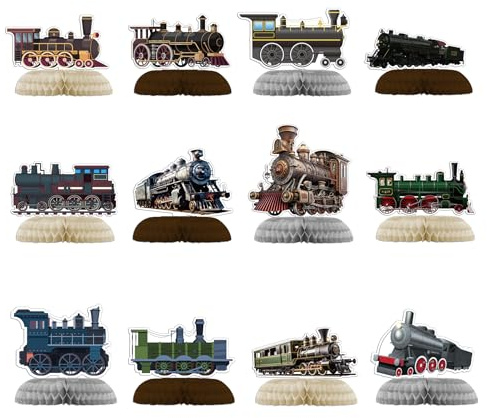 12 PCS Train Honeycomb Centerpieces for Table Decor, Retro Train Table Decorations Table Toppers for Train Party Decorations Train Birthday Party Supplies