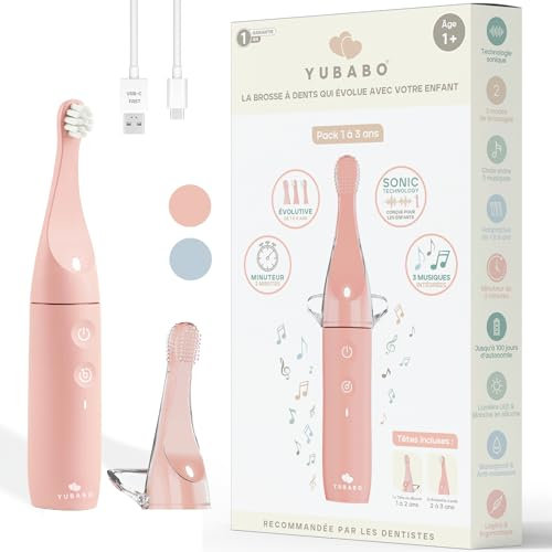 YUBABO - Brosse à Dents Électrique Enfant Musicale - Vibration Sonique - Recommandée par les Dentistes - 100 Jours d'Autonomie - Évolutive - 2 Modes - Minuteur 2 Min Intégré - 1 à 3 ans - Rose